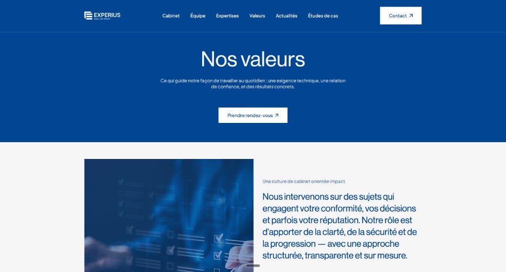 Experius — page Nos valeurs, design et contenu du site web