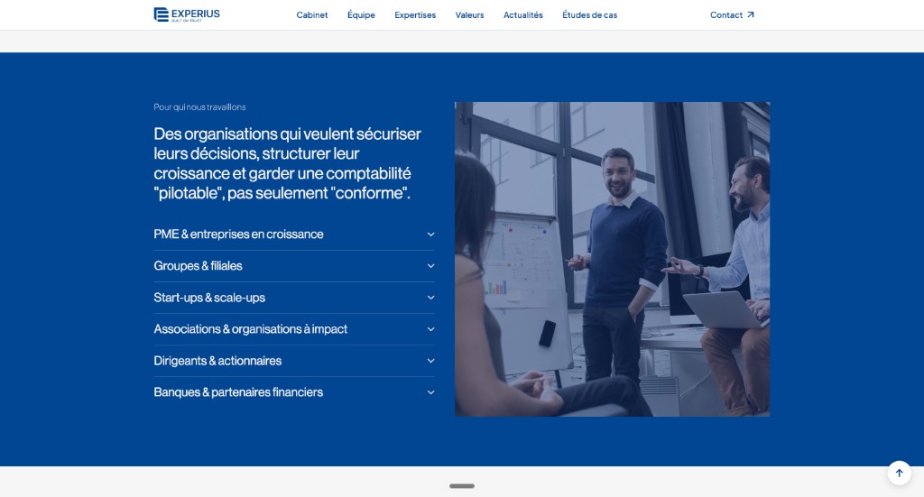 Experius — section Pour qui nous travaillons, audiences cibles du site