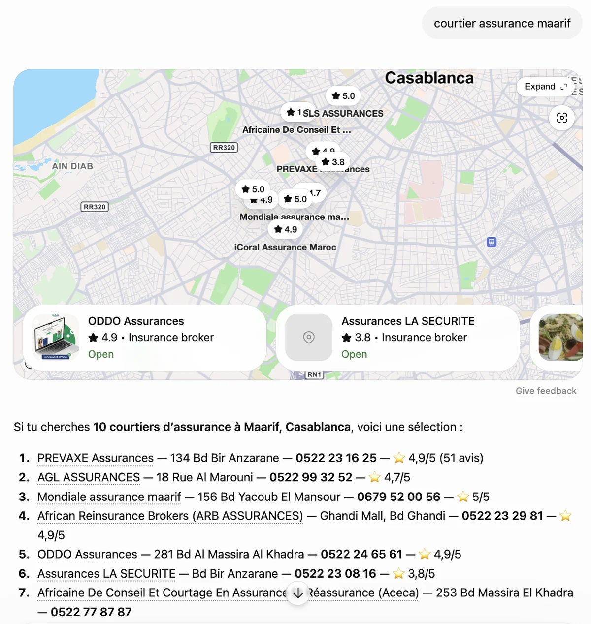 Réponse ChatGPT à « courtier assurance maarif » — ODDO Assurances cité en 5e position sur dix courtiers, noté 4,9/5