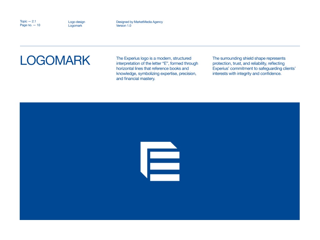 Experius — logomark bouclier E sur fond bleu