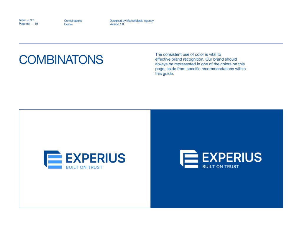 Experius — déclinaisons logo sur fonds clair et foncé