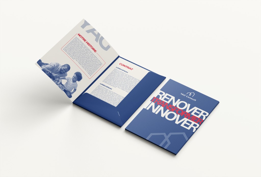 YAG Consult — pochette commerciale navy avec logo maison et baseline Rénover Transformer Innover