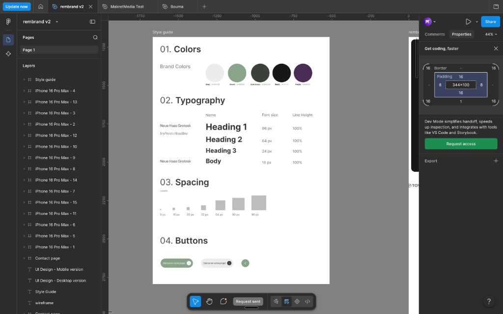 Style guide Figma — couleurs, typographie, espacements et boutons pour la création de site web