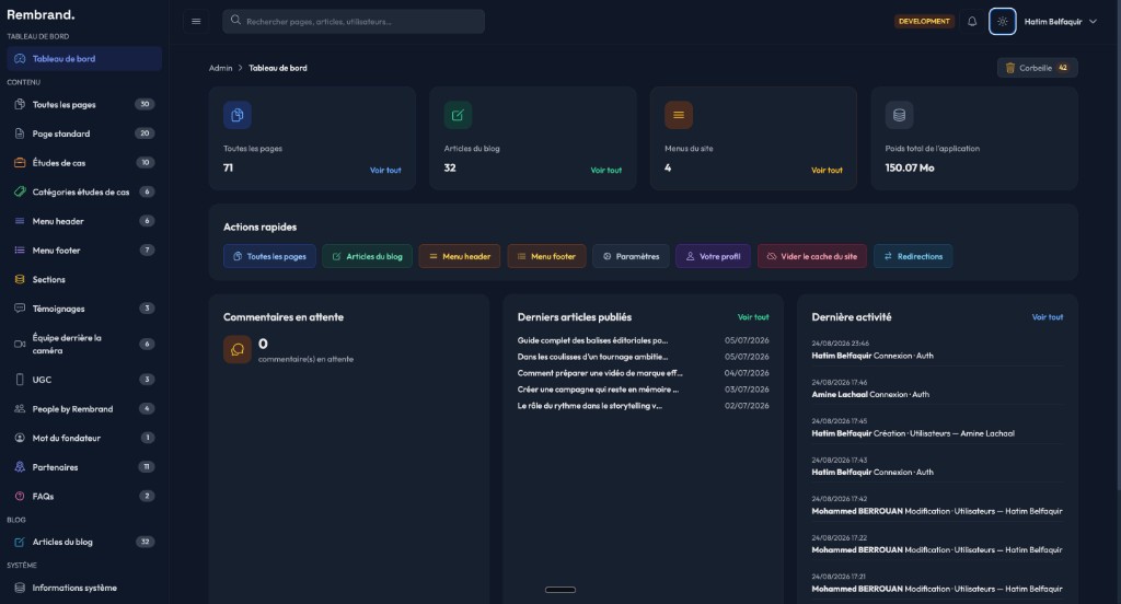 CMS sur-mesure Rembrand — tableau de bord admin pour gérer pages, blog et contenu