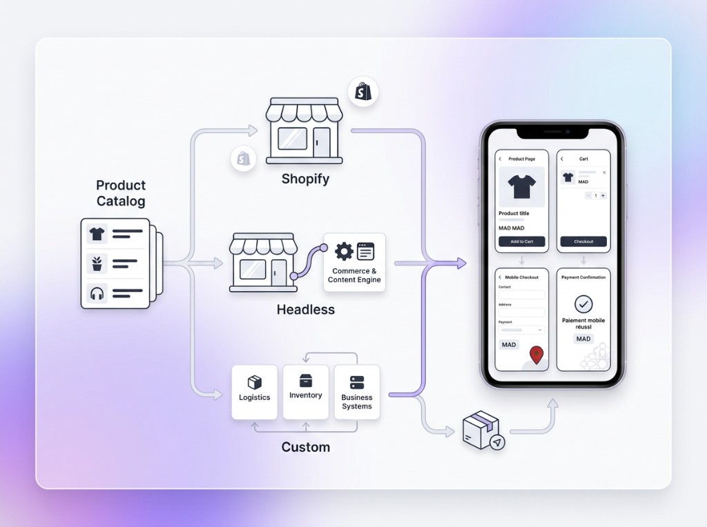 Création site e-commerce — architectures Shopify, Headless et Custom avec checkout mobile au Maroc