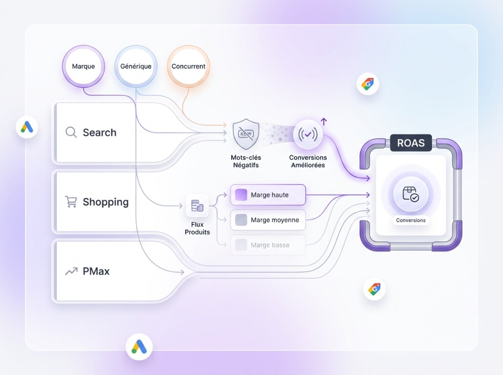 Google Ads Search, Shopping et Performance Max — mots-clés négatifs, flux produits et optimisation ROAS