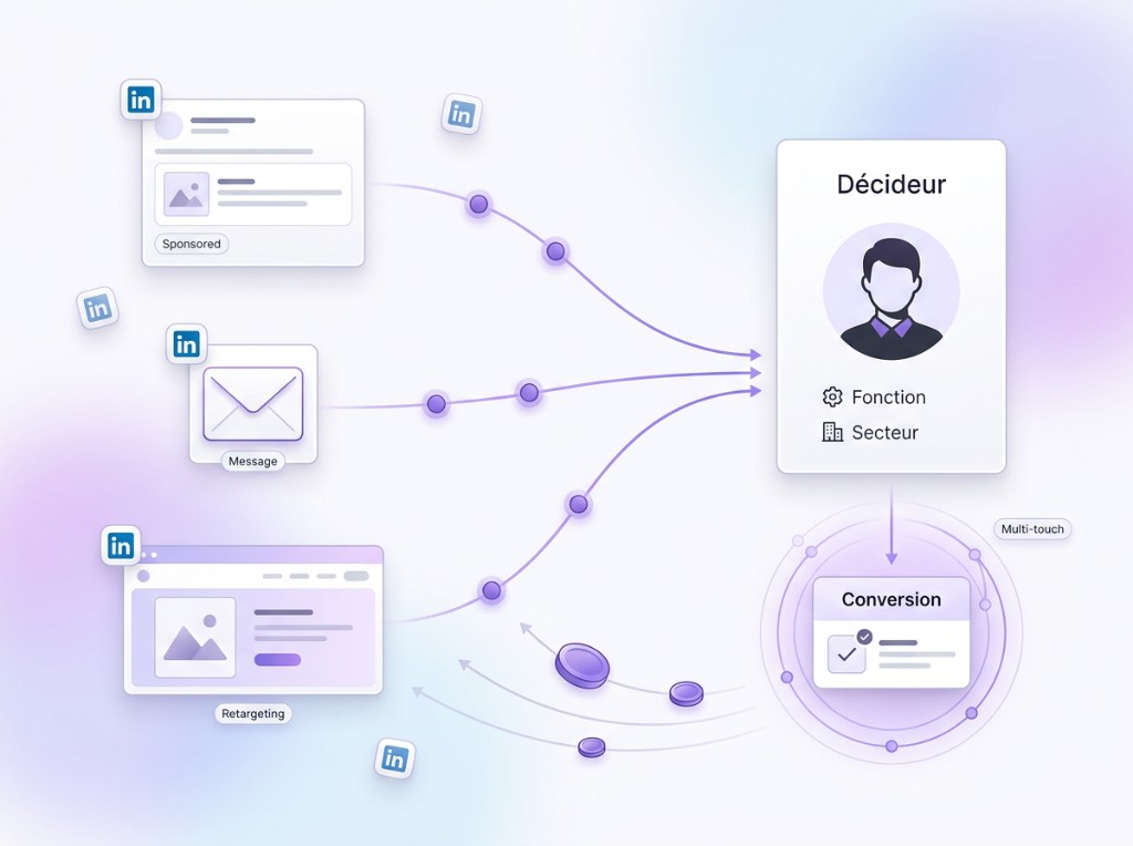 LinkedIn Ads B2B — sponsored content, InMail et retargeting multi-touch vers décideurs et conversion