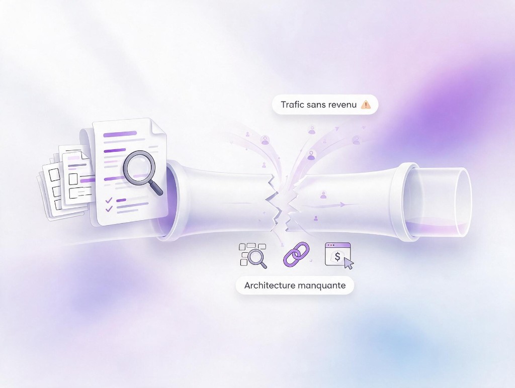 Illustration funnel SEO — trafic sans revenu faute d’un site pensé pour convertir