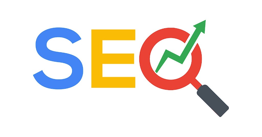 Graphique SEO coloré — mot SEO, loupe de recherche et flèche verte de croissance