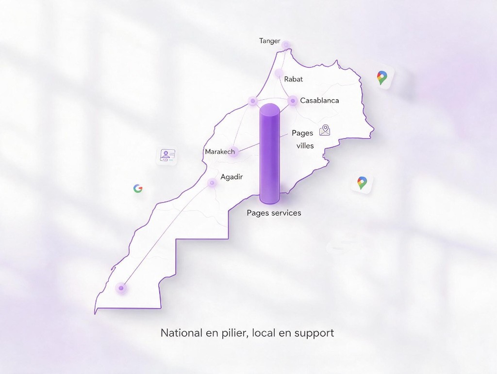 SEO local et national au Maroc — pages services en pilier, pages villes en support, Google Business Profile et Maps