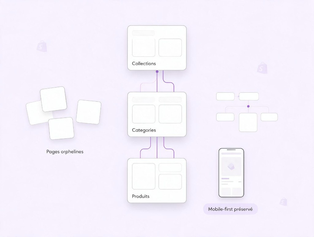 Architecture SEO Shopify — collections, catégories, fiches produit, pages orphelines et mobile-first