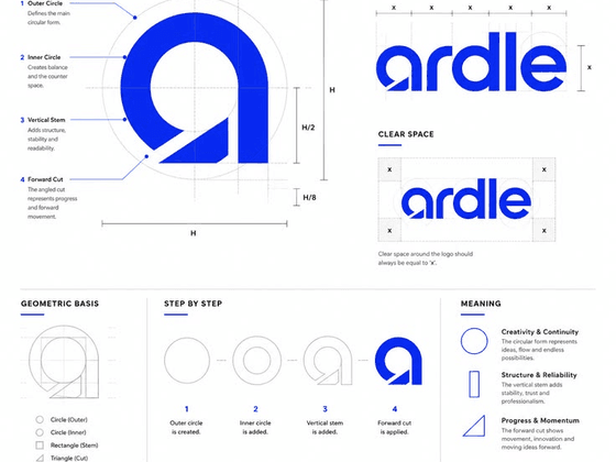 Construction géométrique d'un logo professionnel — grille, typographie et symbolique